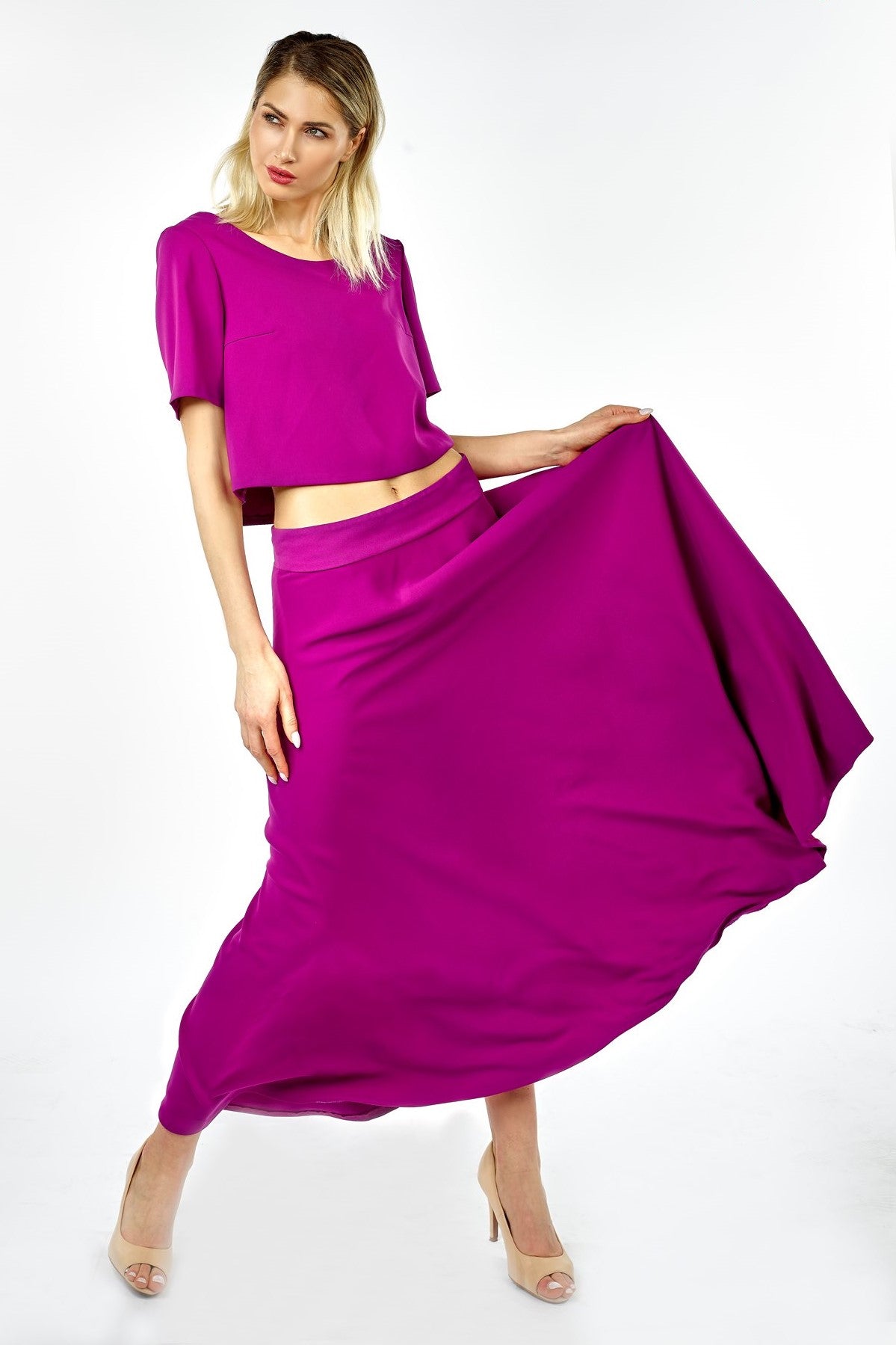 Alesia C. Ready To Wear Collection Magenta Orchid Solid Top and Midi Skirt