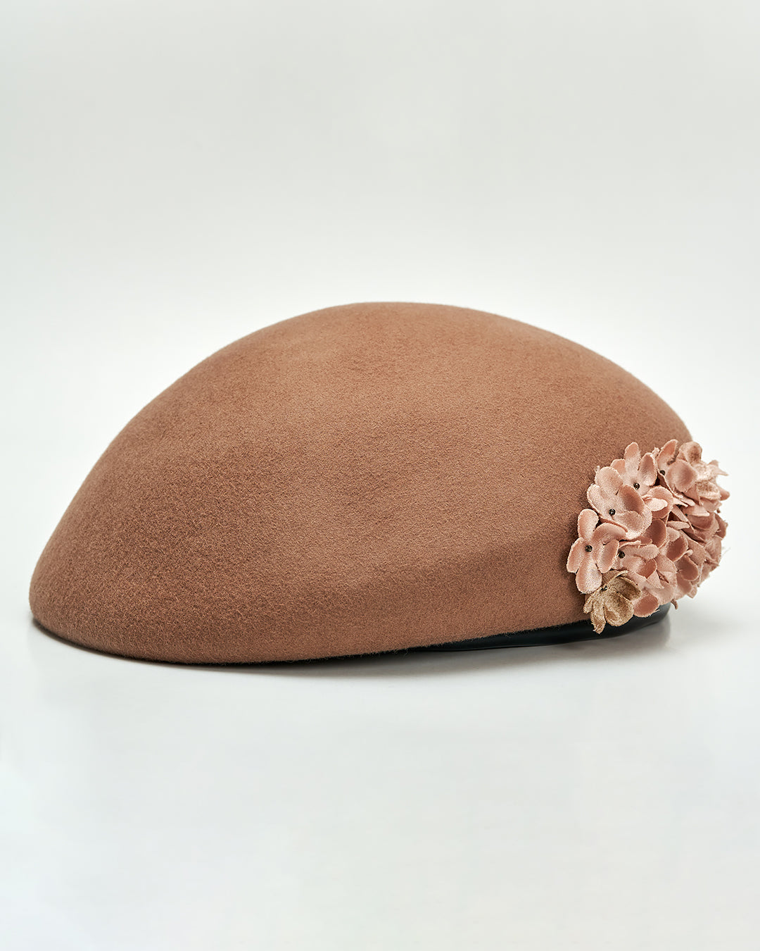 Hydrangea Felted Wool Beret Hat by Alesia C. – Mocha beige with black strap