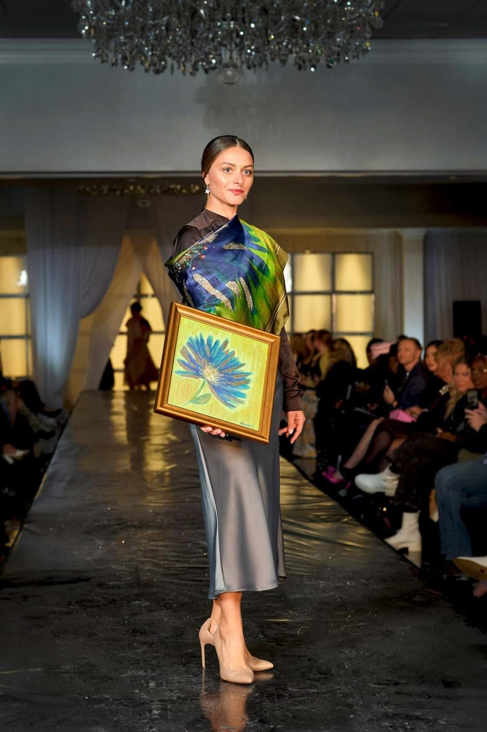 Abstract Cornflower Silk Scarf in Blue and Olive – Alesia C. Art-A-Porte Collection