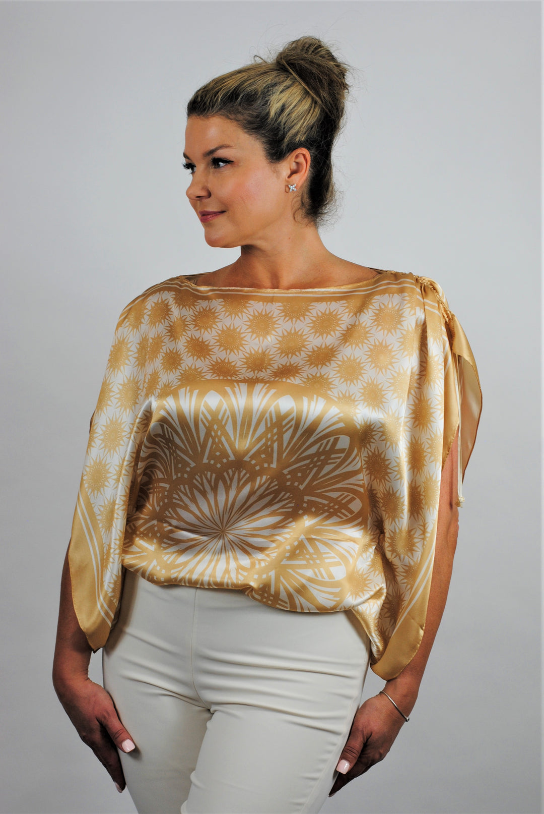 WISDOM Mandala Beige White 100% Silk Blouse