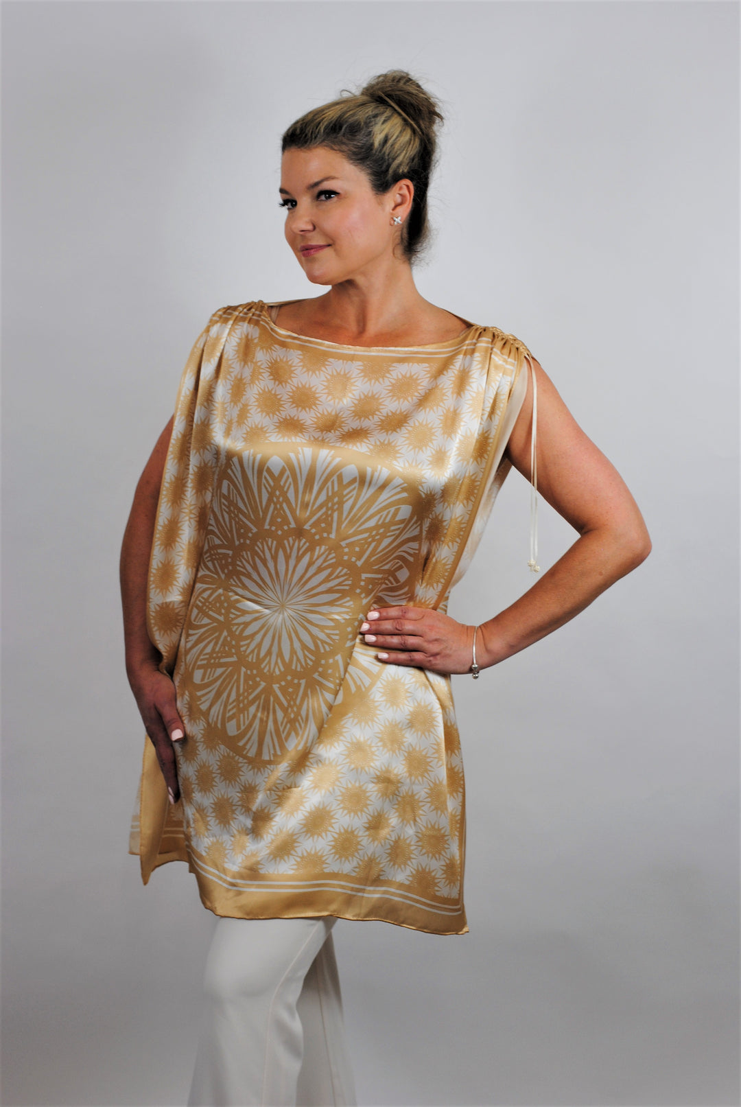 Wisdom Mandala Silk Blouse – Boat Neck – Beige and White