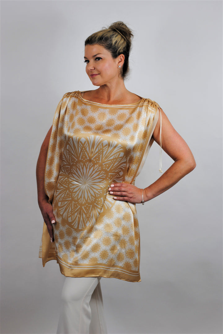 Wisdom Mandala Silk Blouse – Boat Neck – Beige and White