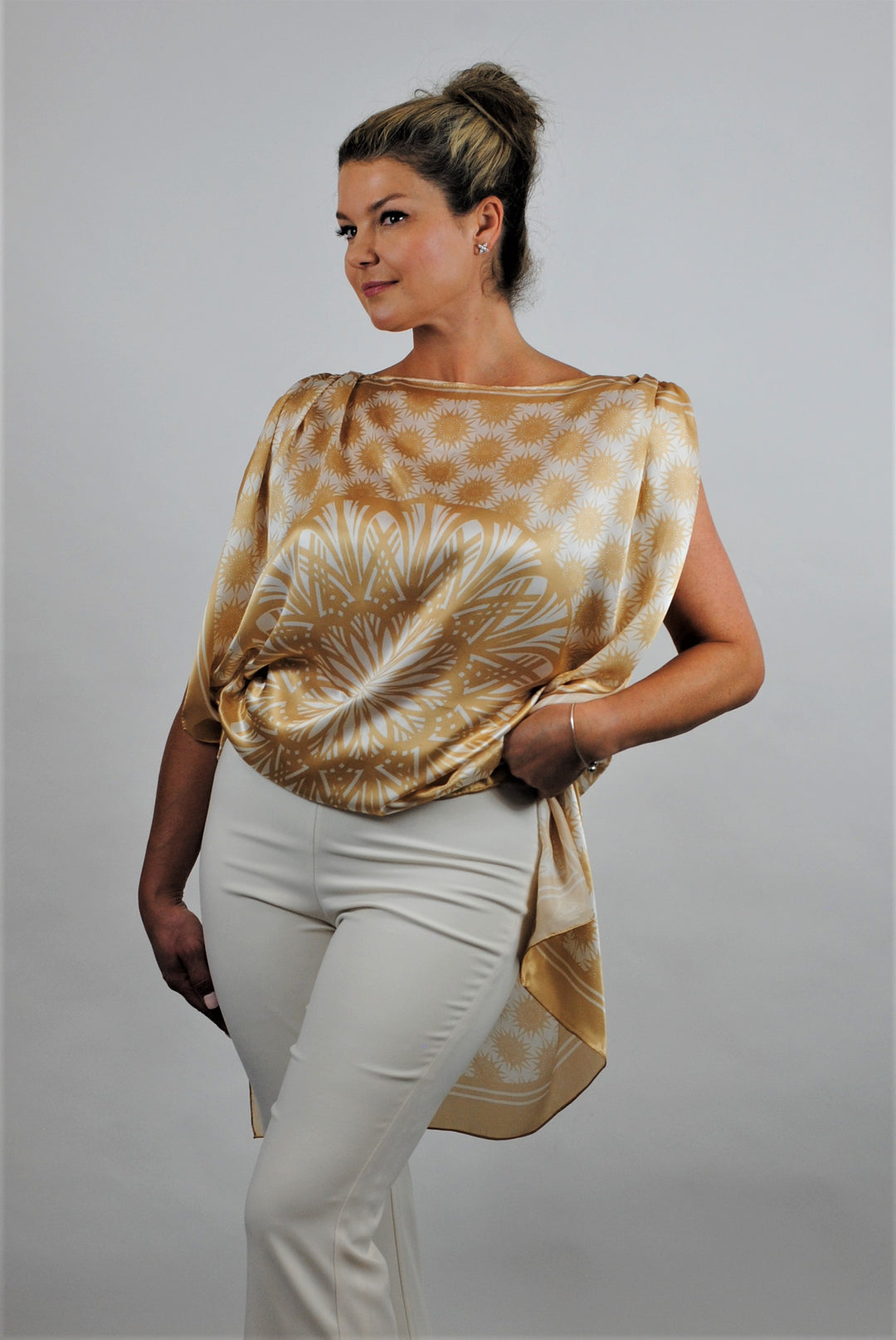 Wisdom Mandala Silk Blouse – Boat Neck – Beige and White