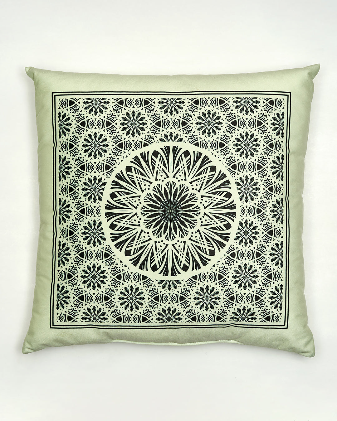 Serenity Mandala Decorative Throw Pillow – Sage and Black
