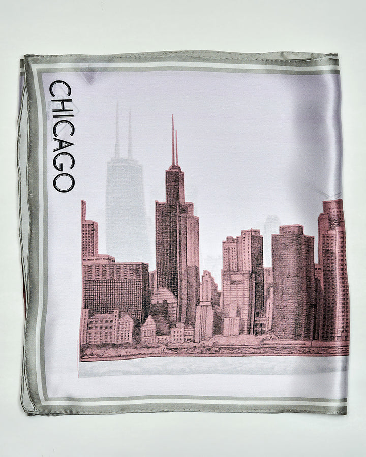 Chicago Skyline Mulberry Silk Charmeuse Rectangle Scarf – Pink and White