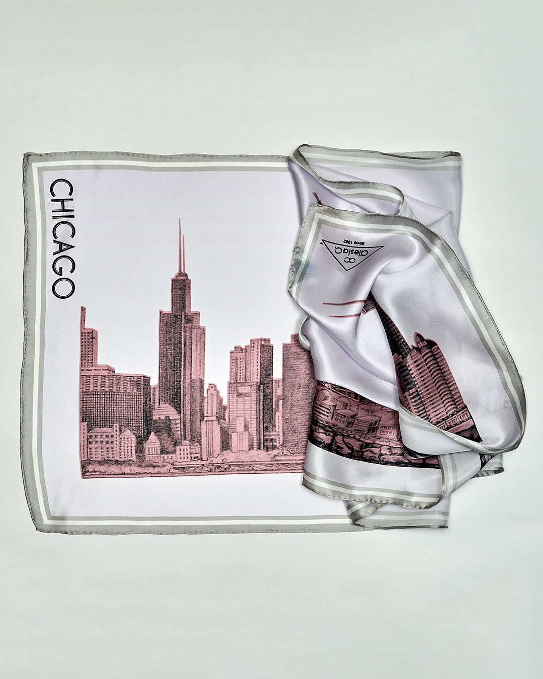 Chicago Skyline Mulberry Silk Charmeuse Rectangle Scarf – Pink and White