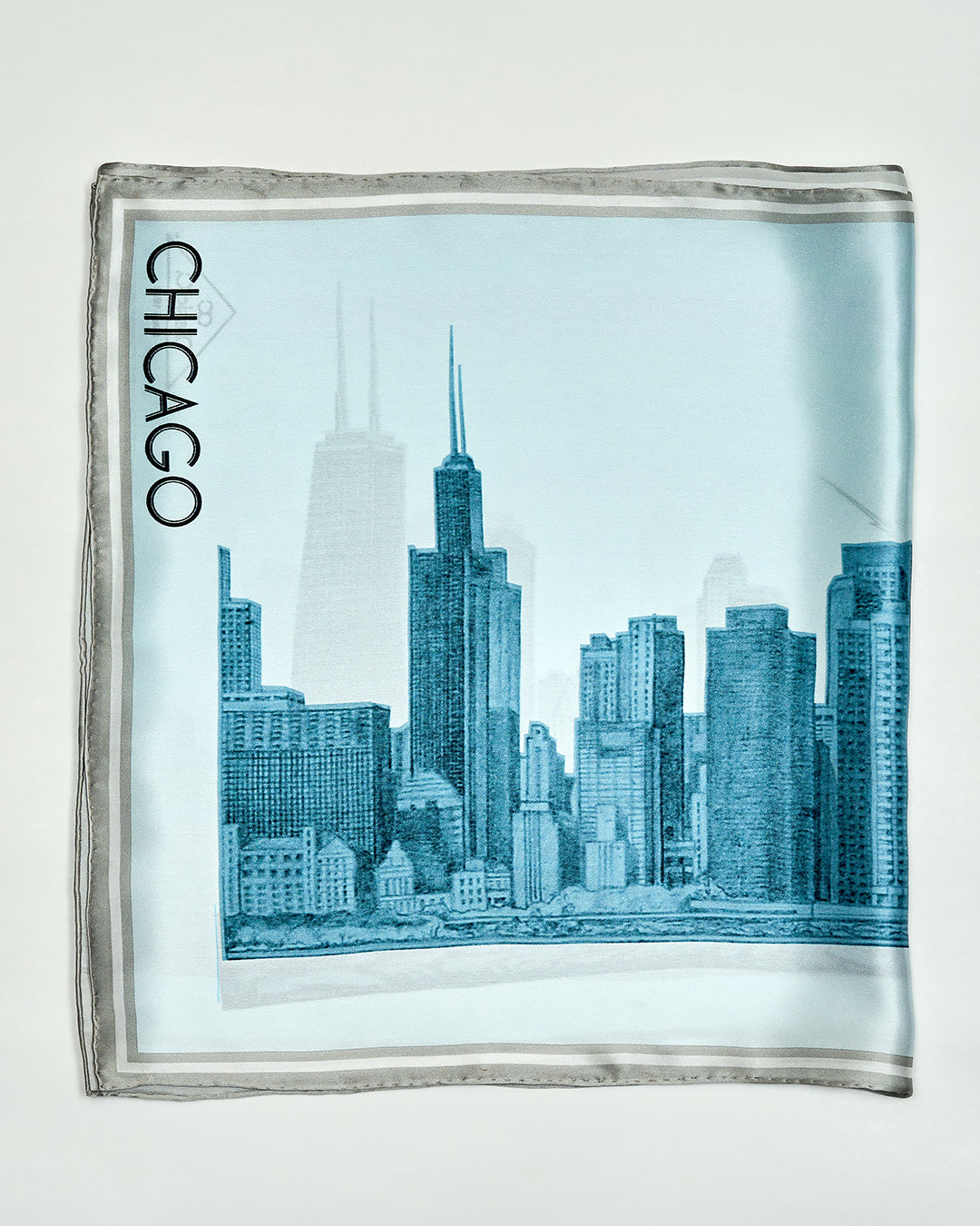 Chicago Skyline Mulberry Silk Charmeuse Scarf – Rectangle – Blue and White