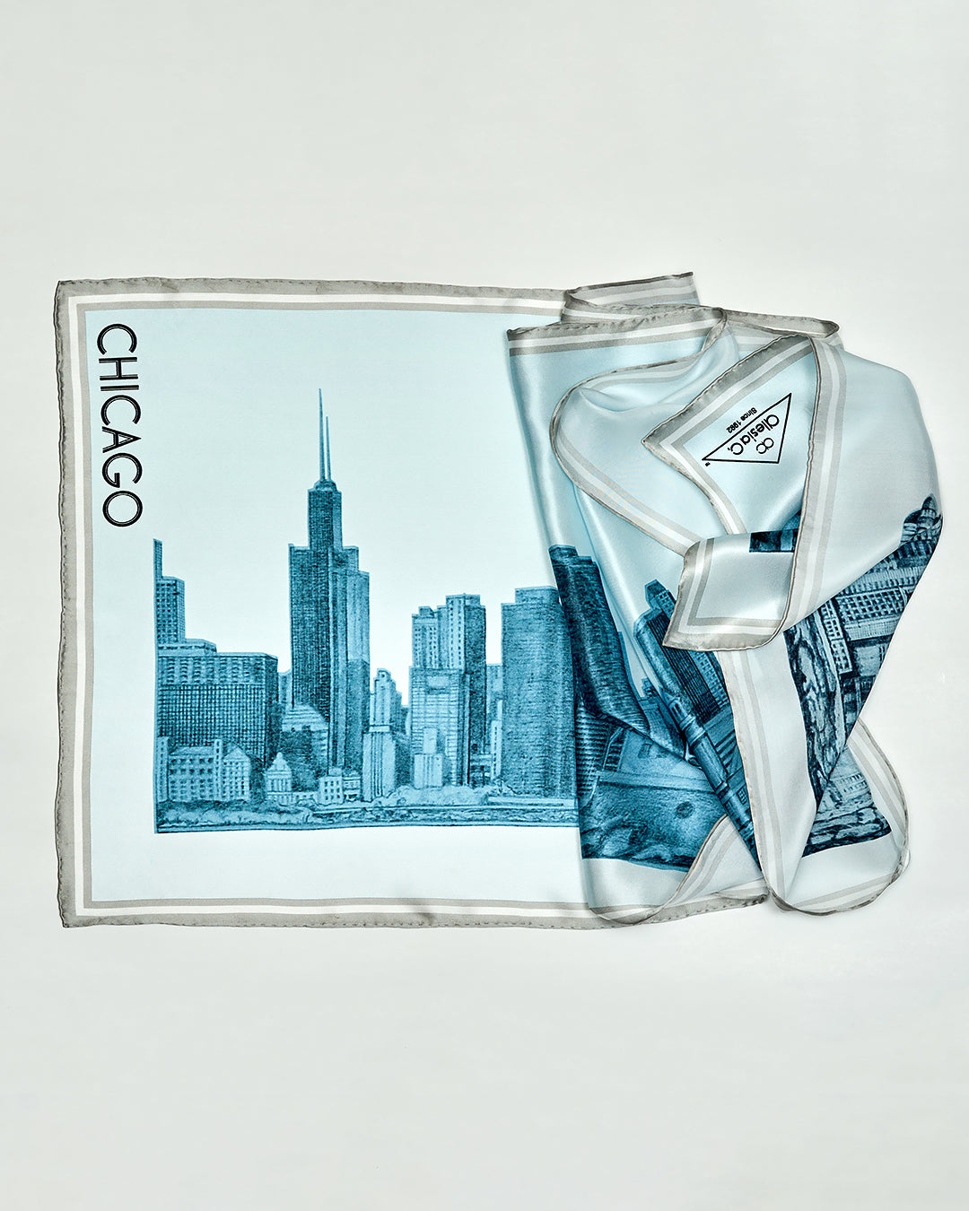 Chicago Skyline Mulberry Silk Charmeuse Scarf – Rectangle – Blue and White