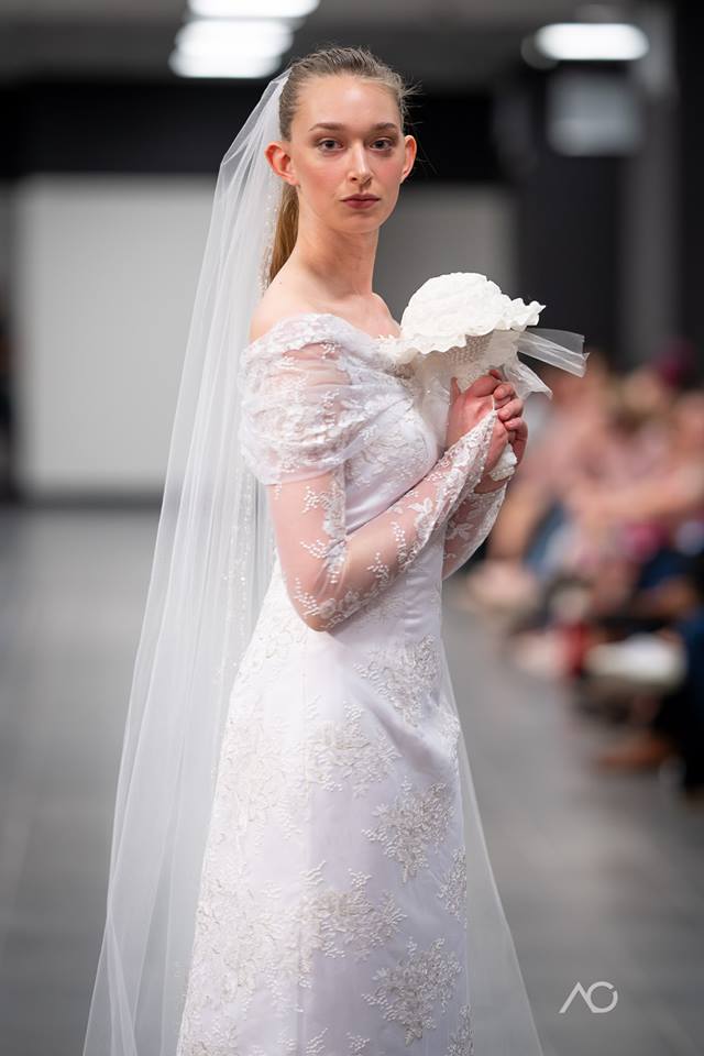 ALESIA Sheath Lace Bridal Gown With Long Sleeves and Slit