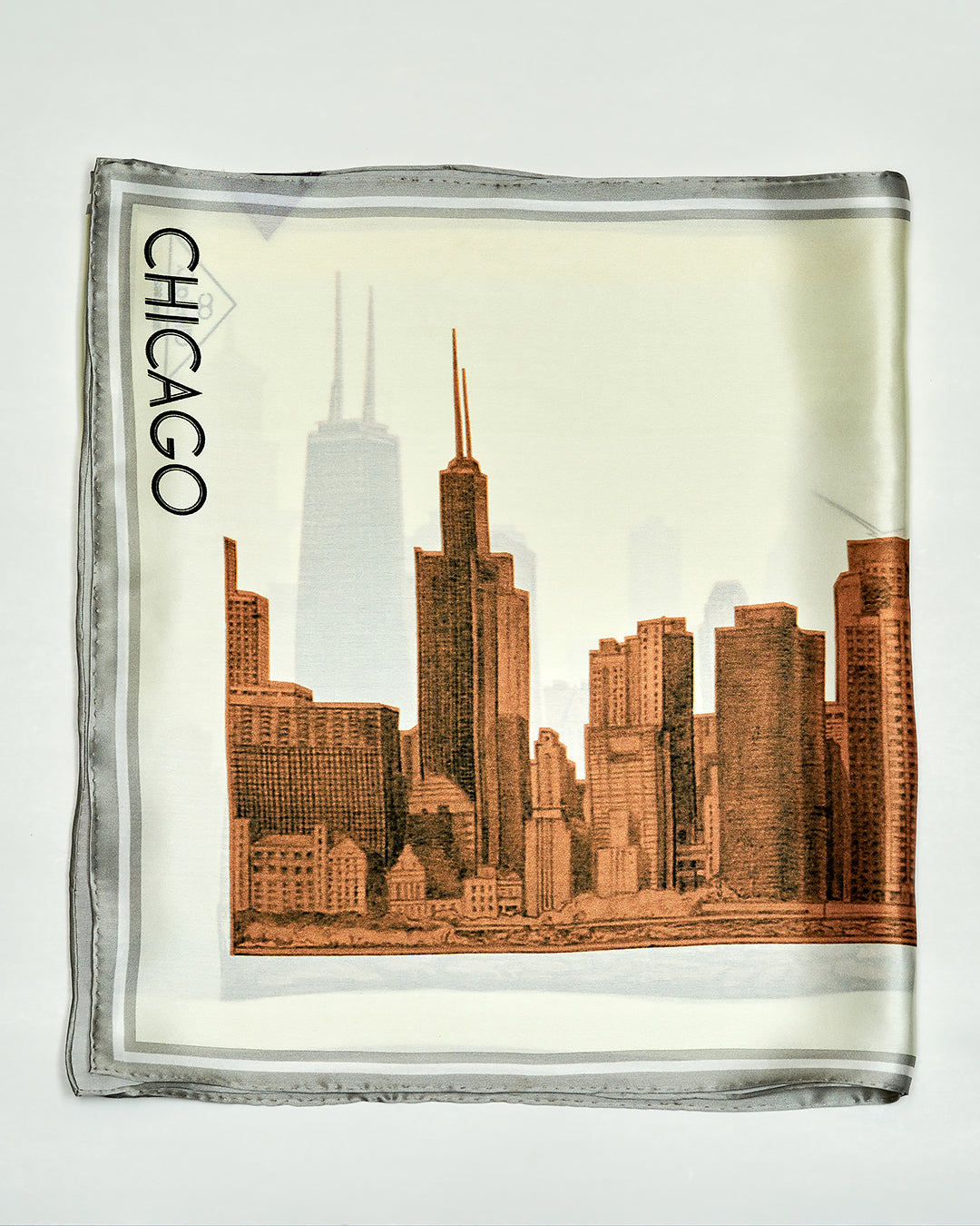 Chicago Skyline Mulberry Silk Charmeuse Rectangle Scarf – Gold and White