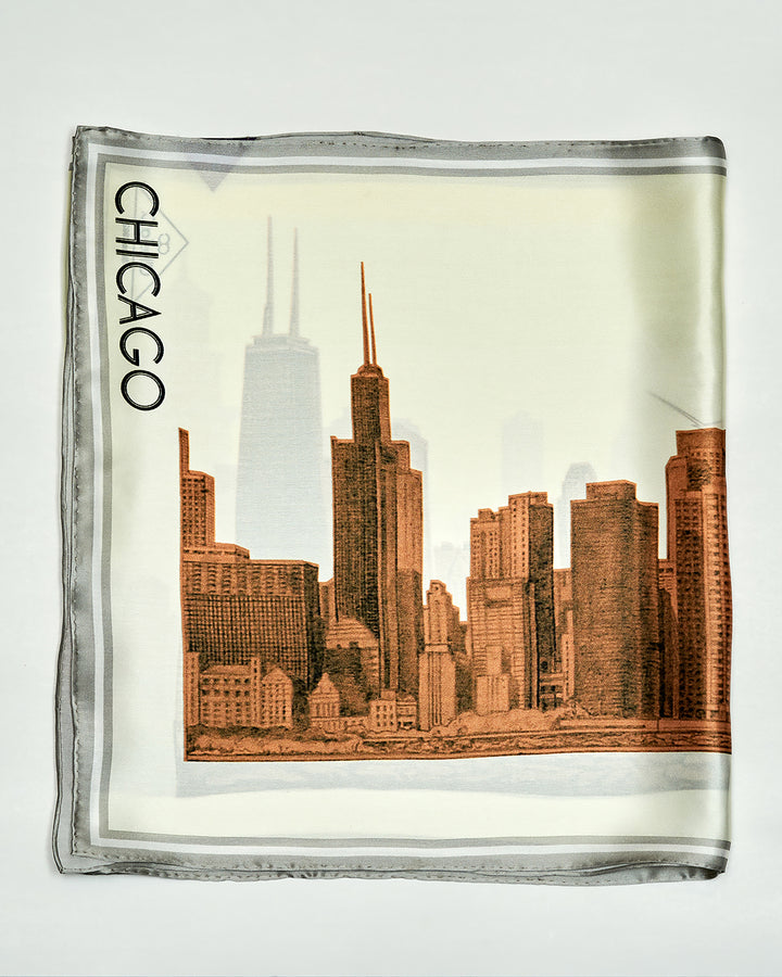 Chicago Skyline Mulberry Silk Charmeuse Rectangle Scarf – Gold and White