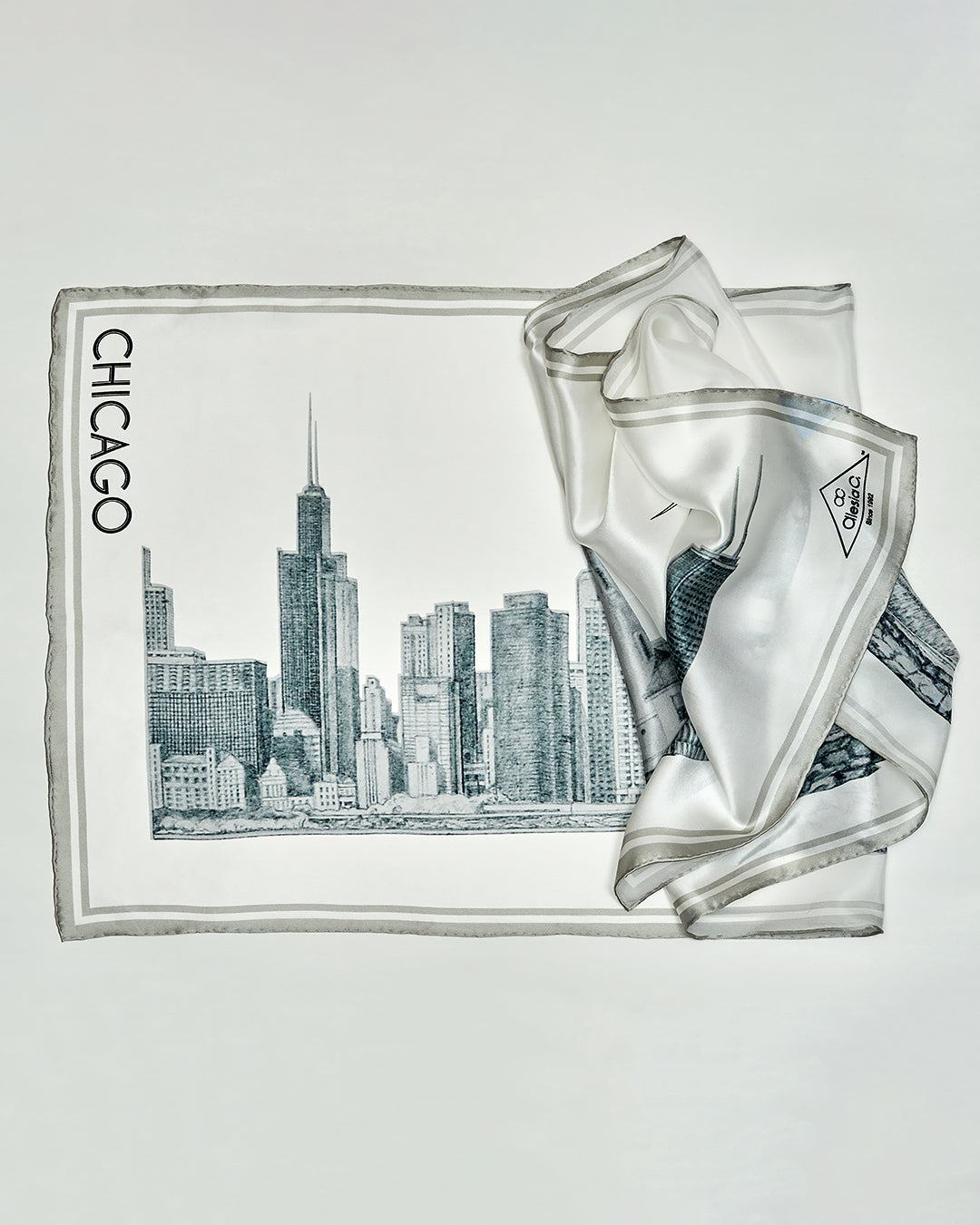 Chicago Skyline Mulberry Silk Charmeuse Rectangle Scarf – Gray and White