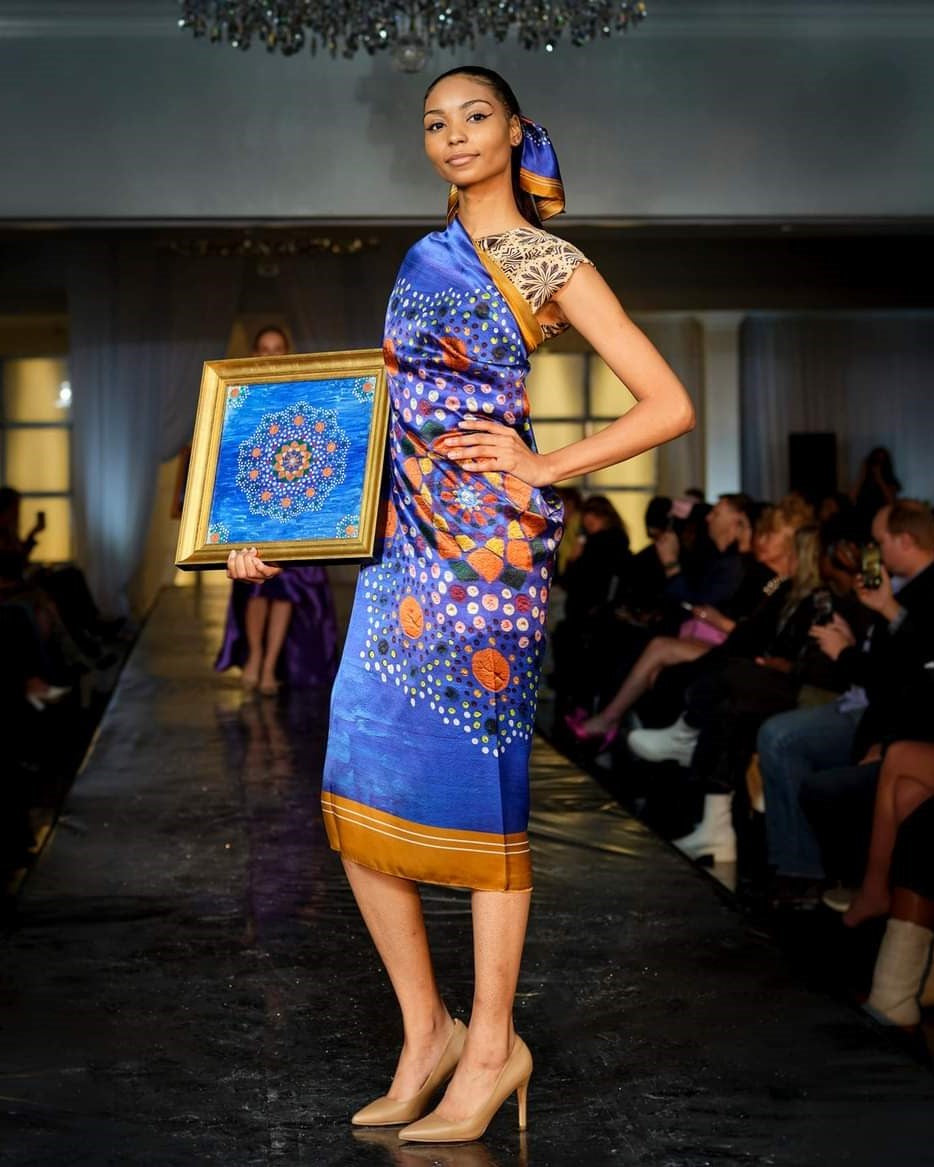 YANA UNIVERSE Mandala Silk Scarf Art-A-Porte in Royal Blue Gold by Alesia Chaika