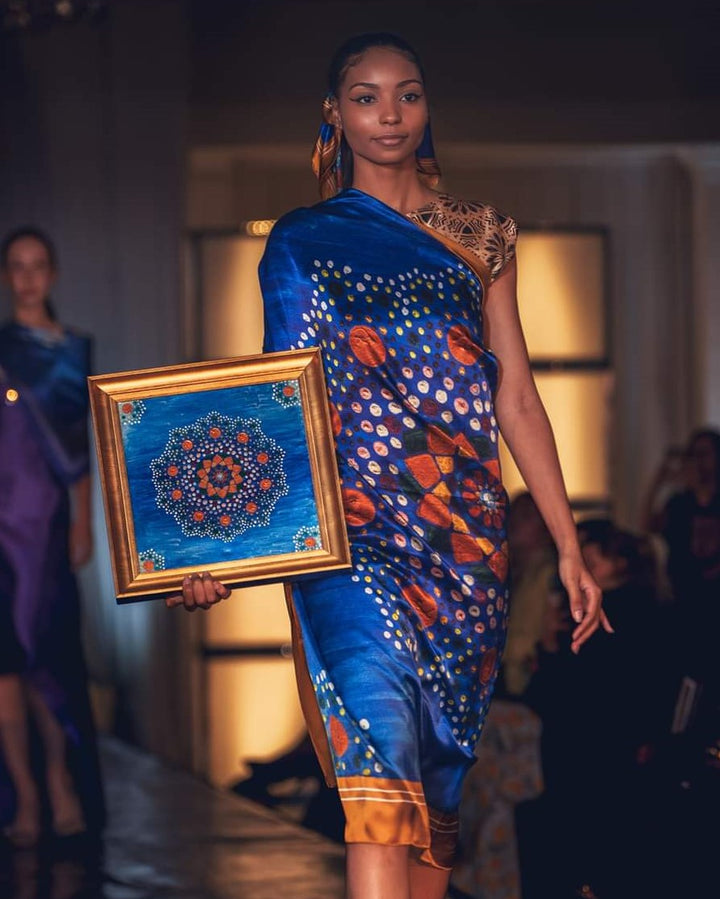 YANA UNIVERSE Mandala Silk Scarf Art-A-Porte in Royal Blue Gold by Alesia Chaika