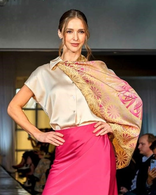 GLOWING Mandala Silk Scarf – Gold and Magenta