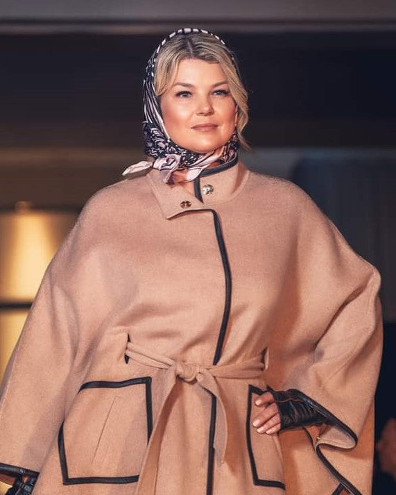 KIMONO Mocha Beige Belted Cape Coat in Virgin Wool Cashmere Black Leather
