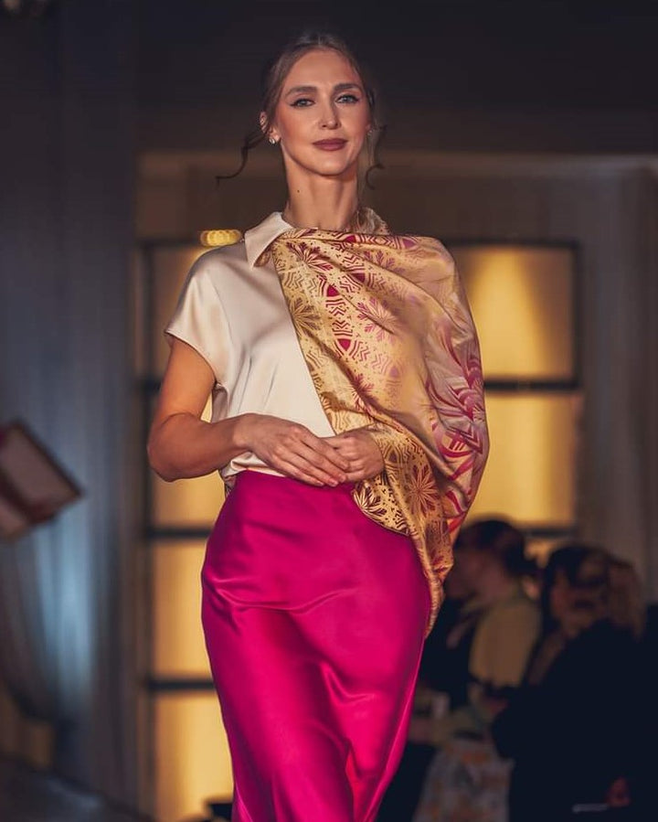 GLOWING Mandala Silk Scarf – Gold and Magenta