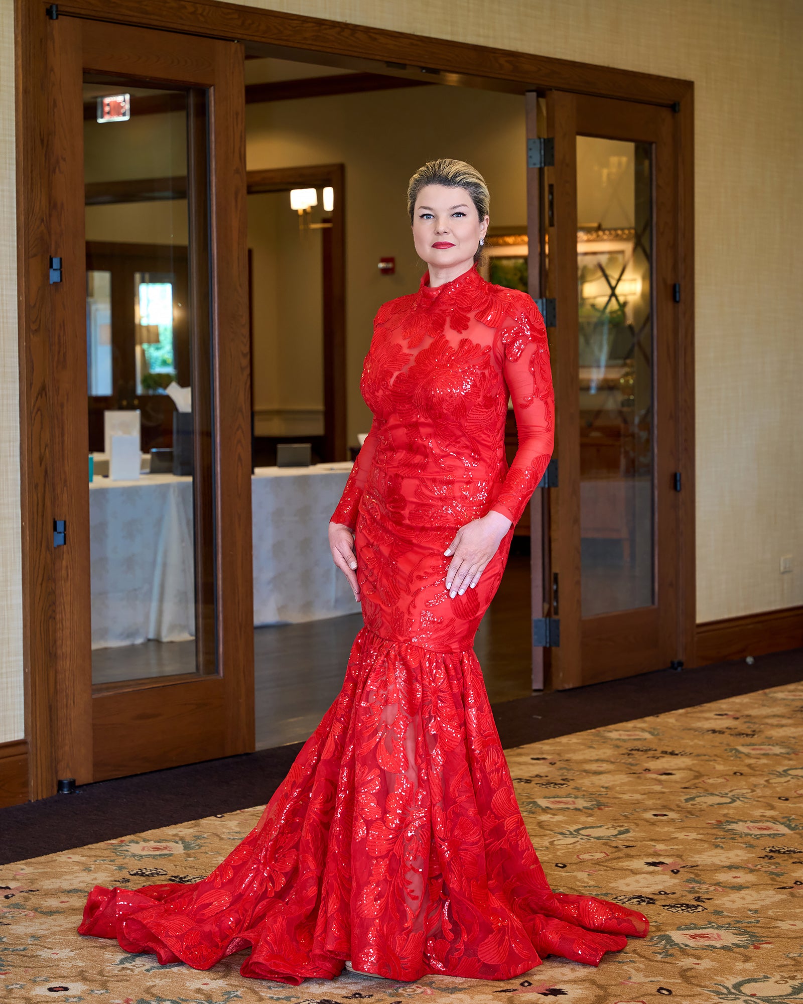 LOVINA Red Sequin Long Sleeve Mermaid Haute Couture Evening Gown Alesia C LOVINA Red Sequin Long Sleeve Mermaid Haute Couture Evening Gown Alesia C