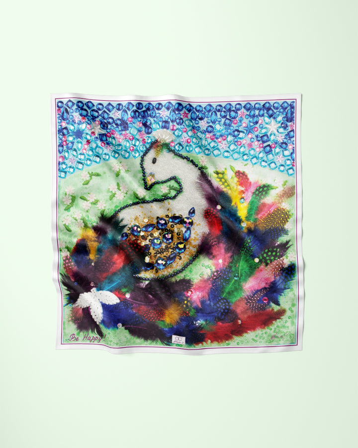 Colorful Art Silk Scarf BE HAPPY Bird of Happiness Art A Porte by Alesia Chaika Wearable Art Collection AlesiaC.com
