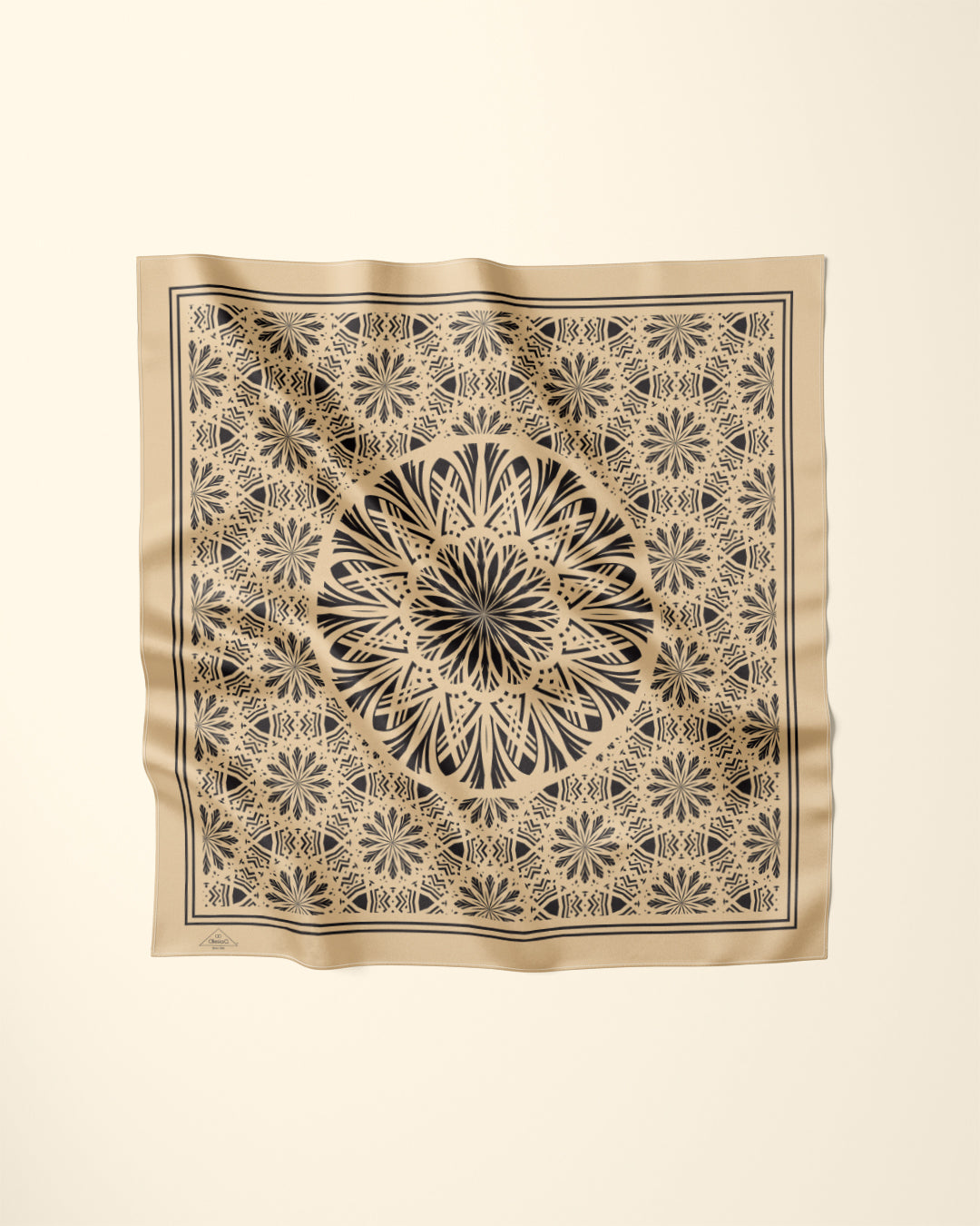 SERENITY Beige and Black Mandala Silk Scarf by Alesia Chaika
