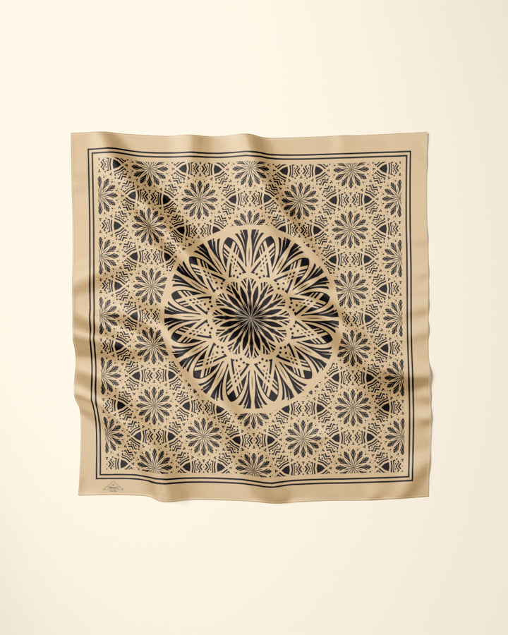 SERENITY Beige and Black Mandala Silk Scarf by Alesia Chaika