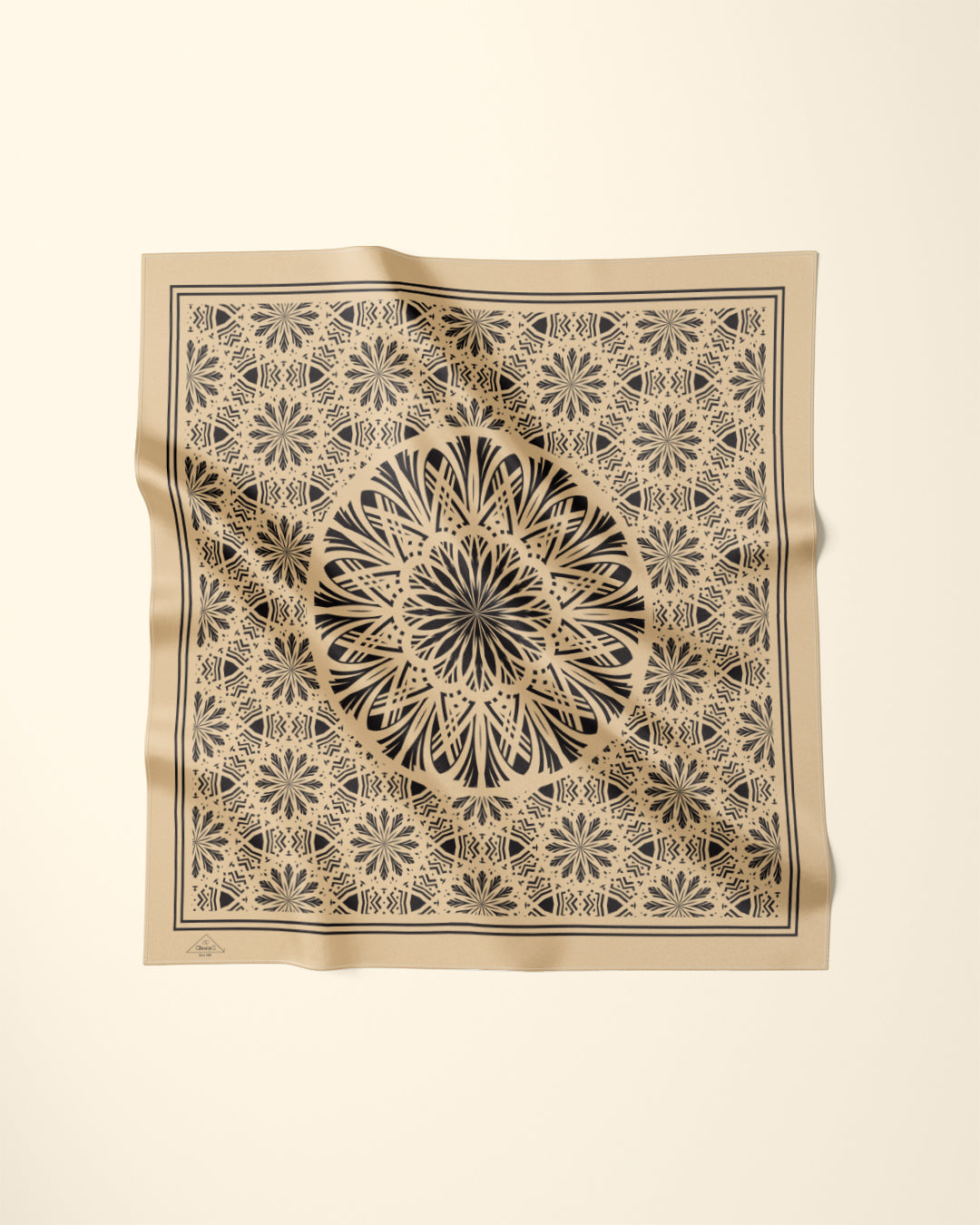 SERENITY Mandala Silk Scarf in Beige and Black – Designer Square Scarf by Alesia C.