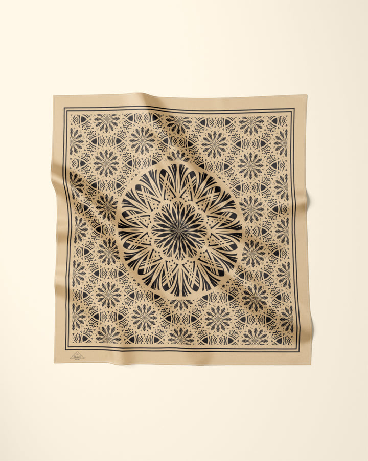 SERENITY Mandala Silk Scarf in Beige and Black – Designer Square Scarf by Alesia C.