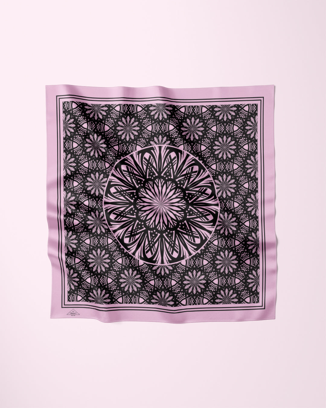 SERENITY Black and Pink Mandala Silk Scarf by Alesia Chaika