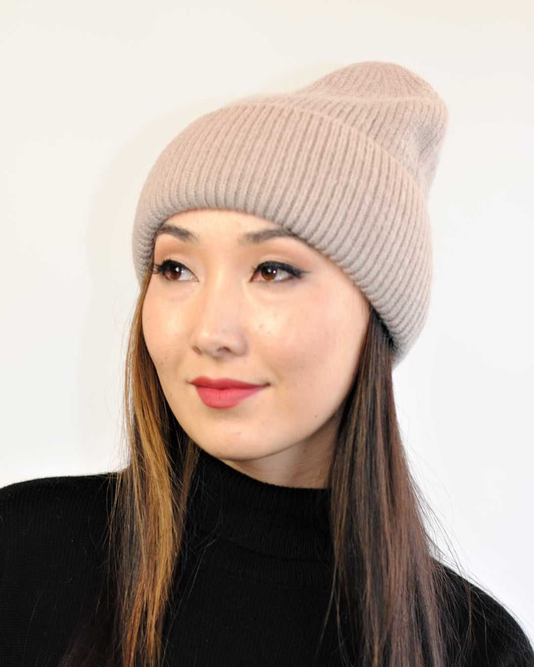 Angora Wool Beanie Hat by Alesia C. – Black rib knit, double cuff