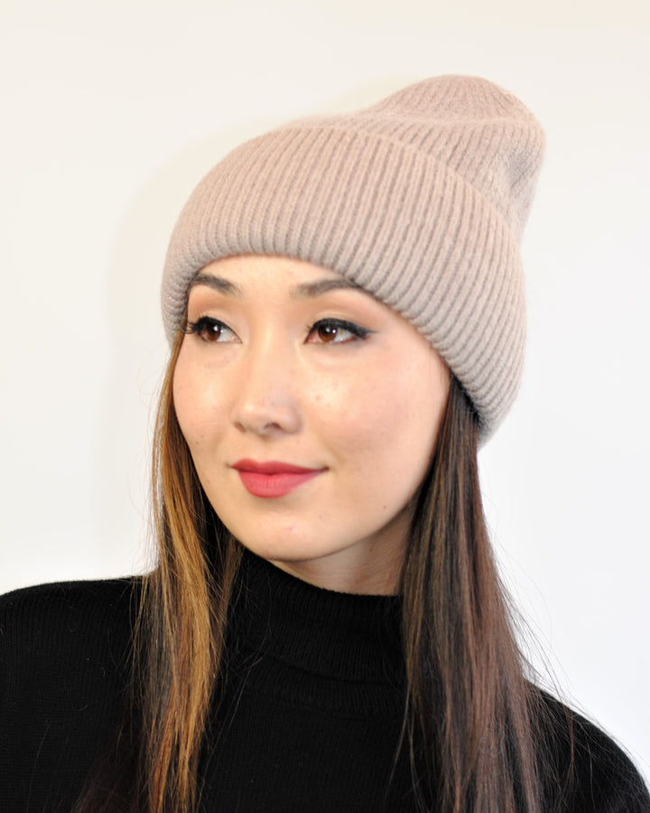 Angora Wool Beanie Hat by Alesia C. – Black rib knit, double cuff