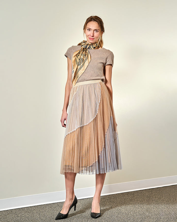 Beige Gray Ombre Pleated Tulle Midi Skirt