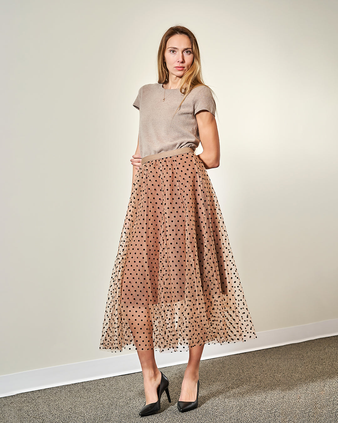 Tulle Velvet Polka Dot Midi Skirt – Beige/Black