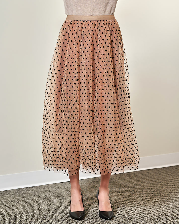 Tulle Velvet Polka Dot Midi Skirt – Beige/Black
