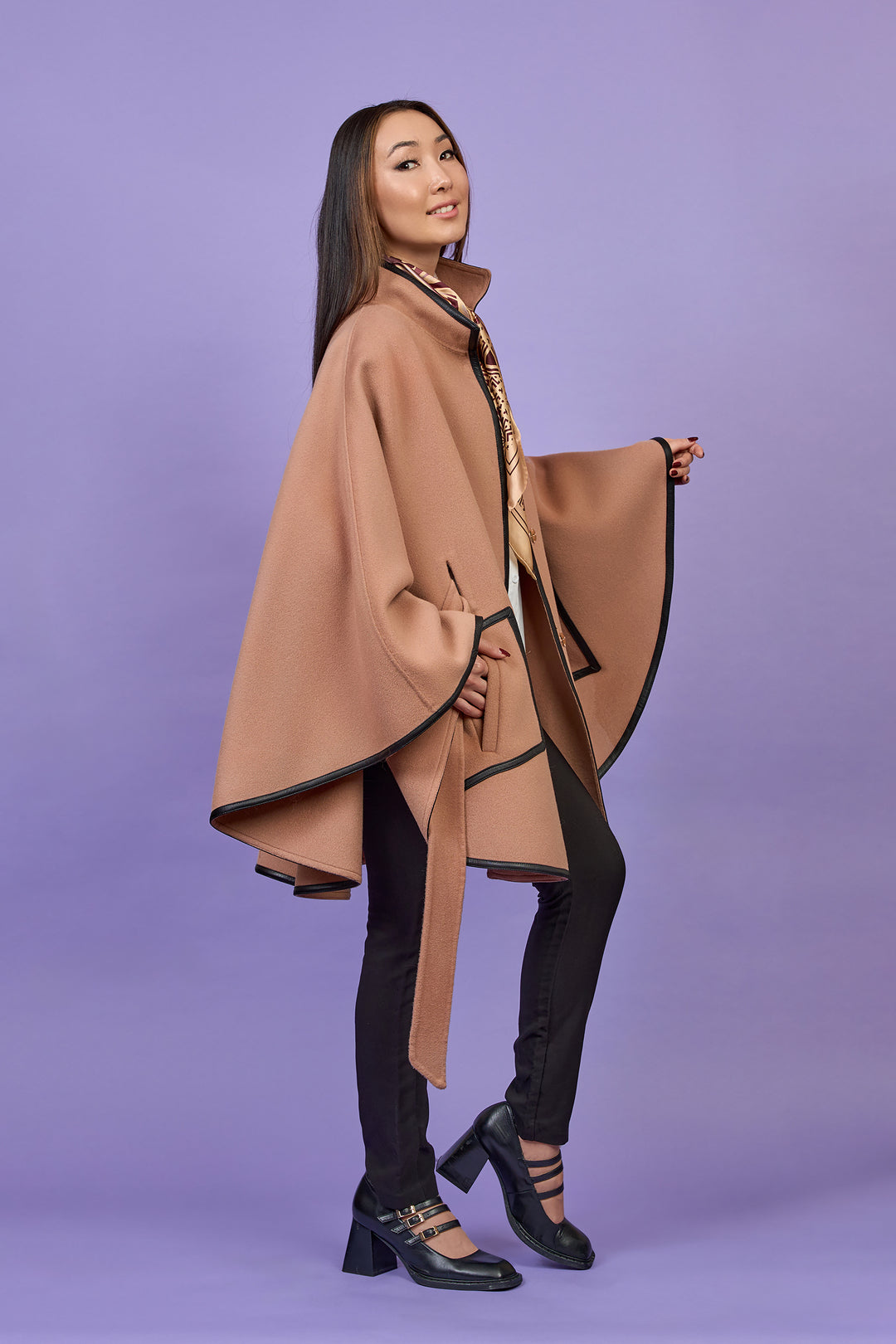 KIMONO Mocha Beige Belted Cape Coat in Virgin Wool Cashmere Black Leather