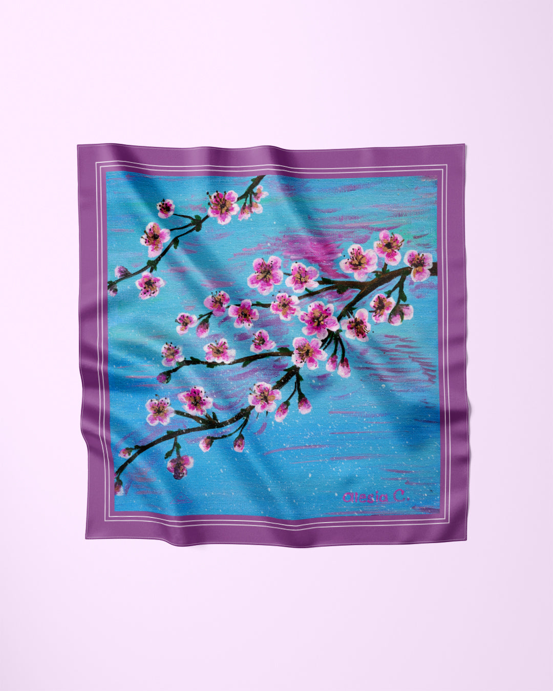 Cherry Blossom Silk Scarf – Blue Lavender Luxury Silk