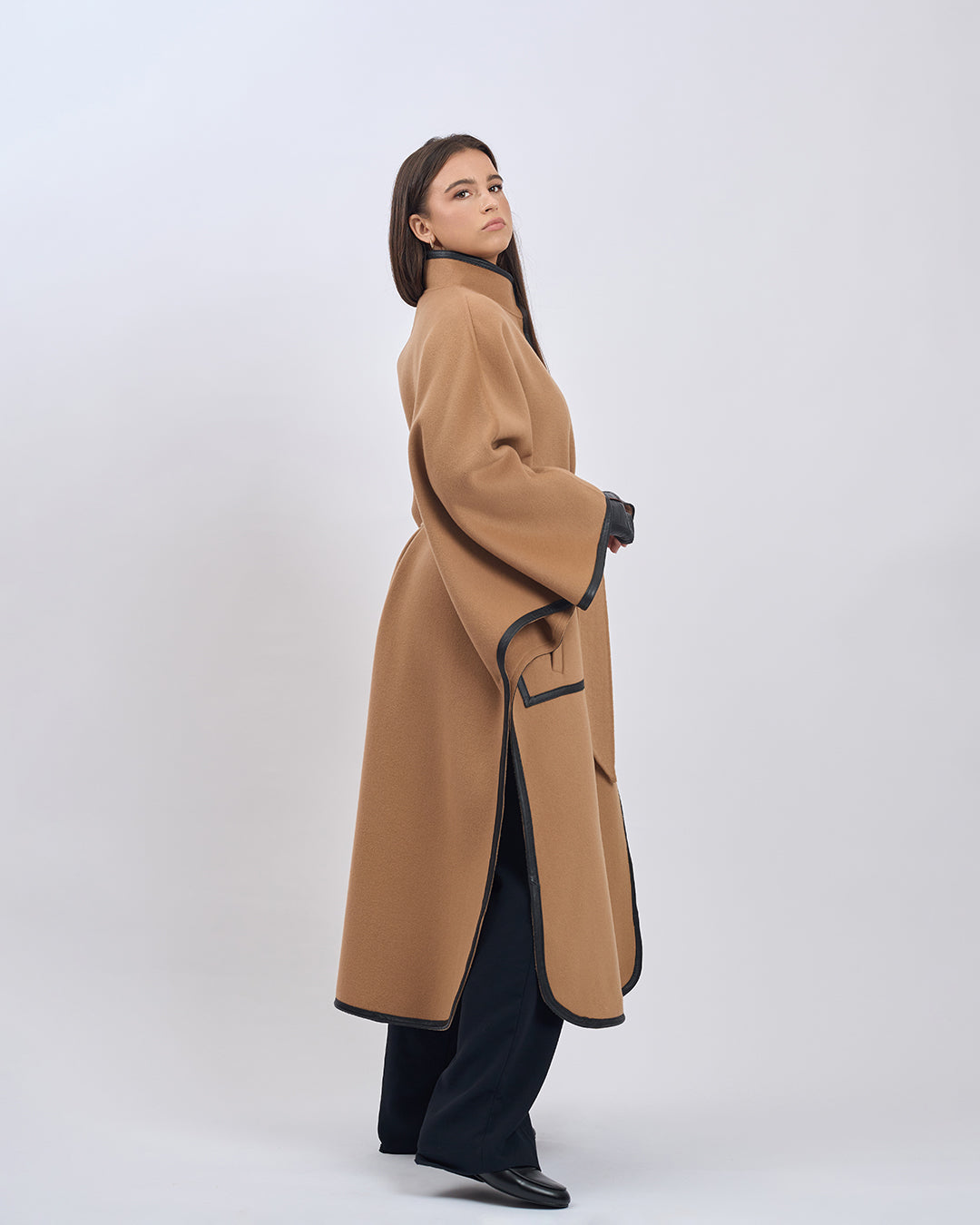 KIMONO LONG Virgin Wool Belted Cape Coat - Camel Black Leather Trim