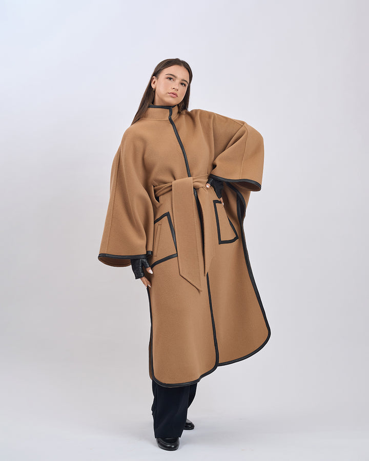 KIMONO LONG Virgin Wool Belted Cape Coat - Camel Black Leather Trim