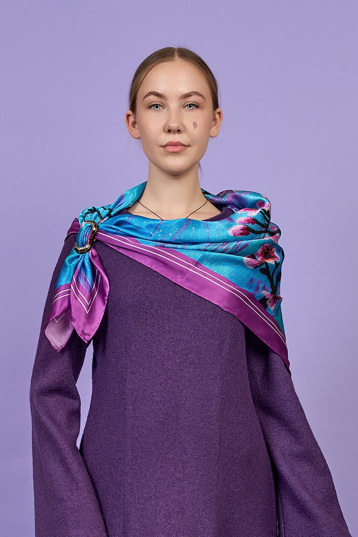 Cherry Blossom Silk Scarf in Blue and Lavender – Alesia C. Art-A-Porte