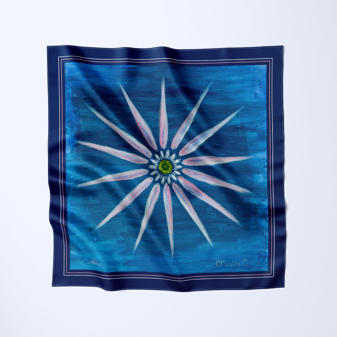 Daisy Mandala Art-A-Porte Silk Scarf in blue and pink by Alesia C