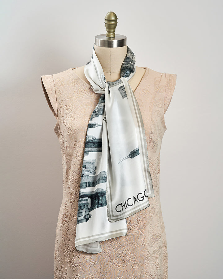 Chicago Skyline Mulberry Silk Charmeuse Rectangle Scarf – Gray and White