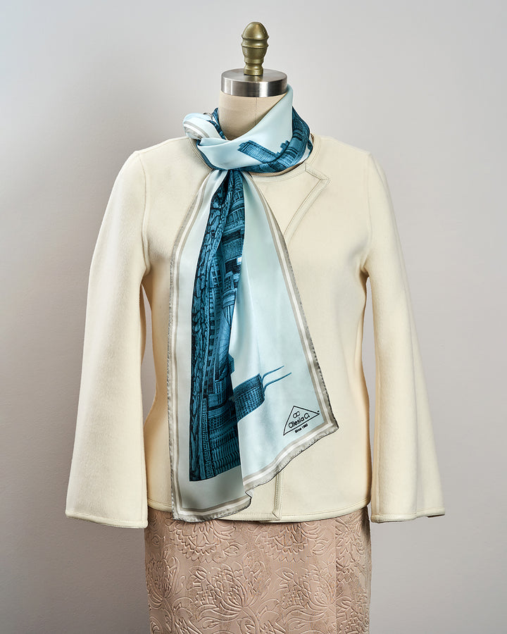 Chicago Skyline Mulberry Silk Charmeuse Scarf – Rectangle – Blue and White