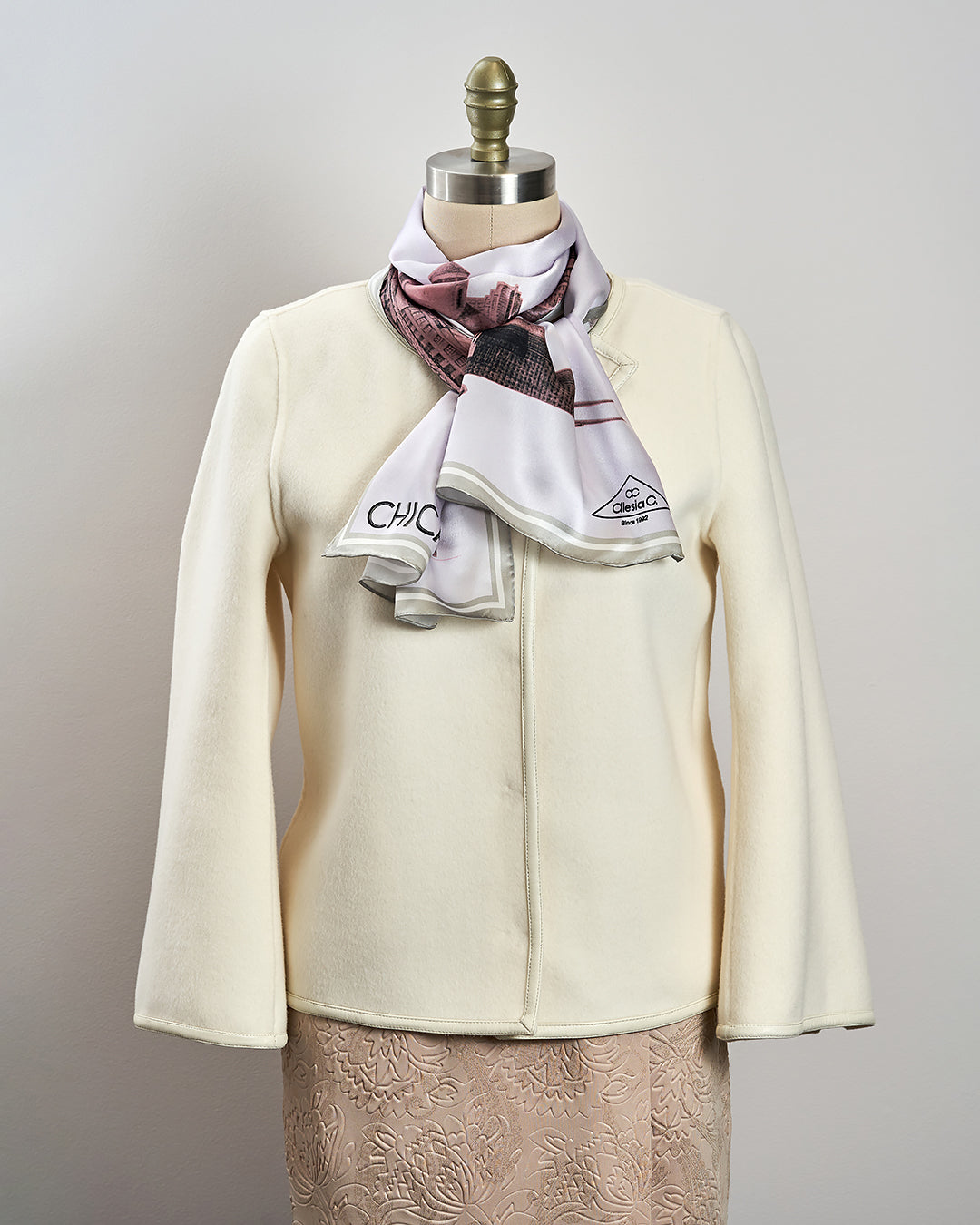 Chicago Skyline Mulberry Silk Charmeuse Rectangle Scarf – Pink and White