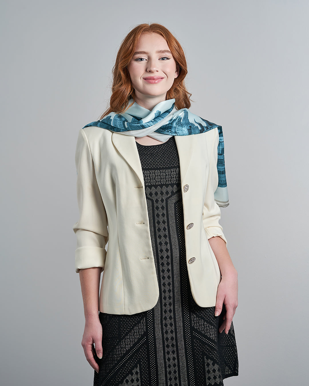 Chicago Skyline Mulberry Silk Charmeuse Scarf – Rectangle – Blue and White