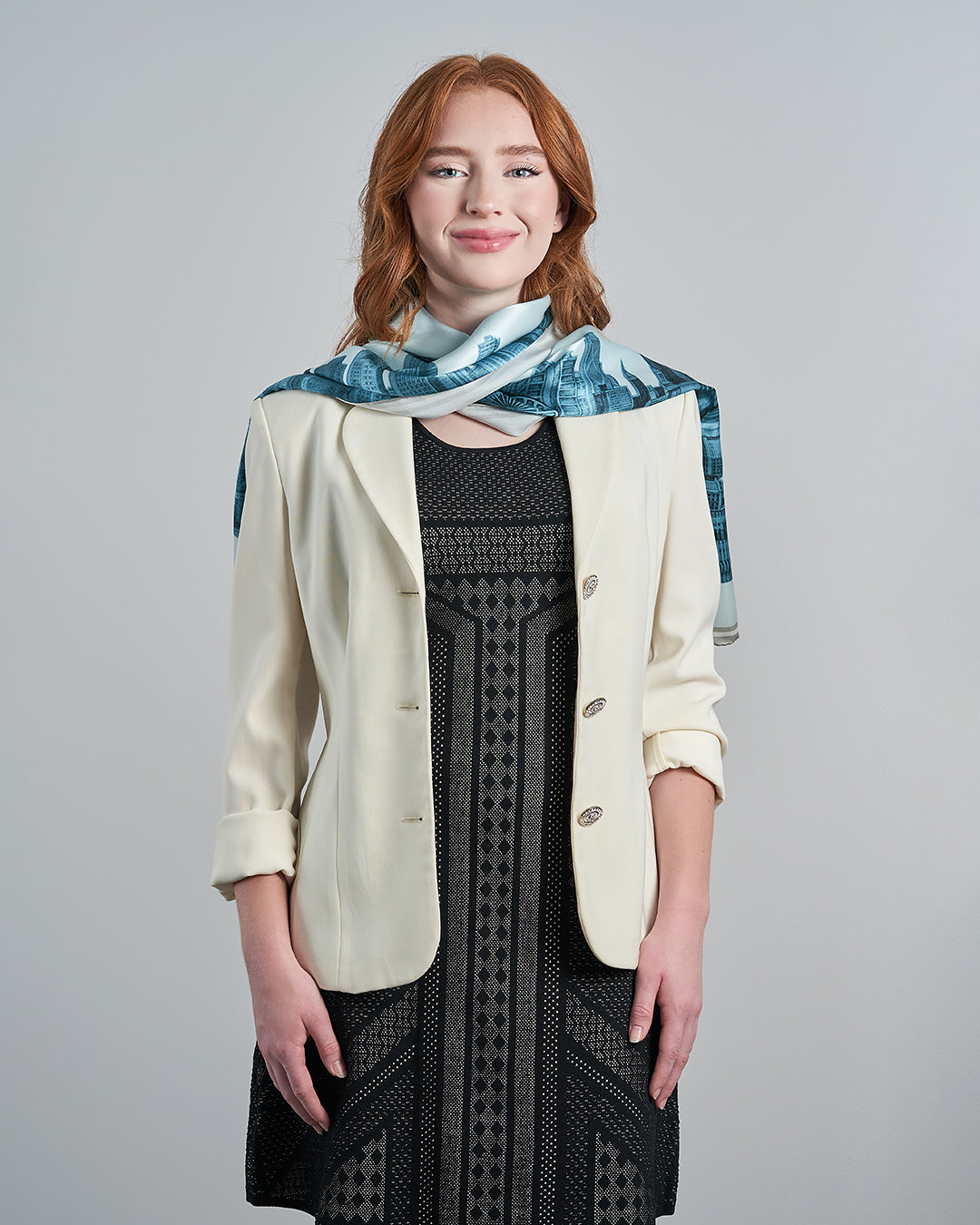 Chicago Skyline Mulberry Silk Charmeuse Scarf – Rectangle – Blue and White