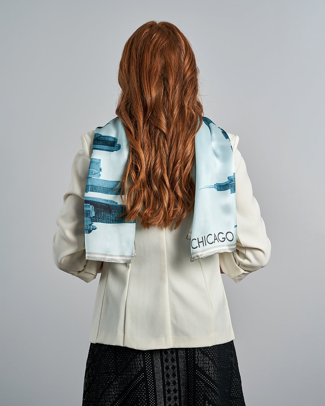 Chicago Skyline Mulberry Silk Charmeuse Scarf – Rectangle – Blue and White