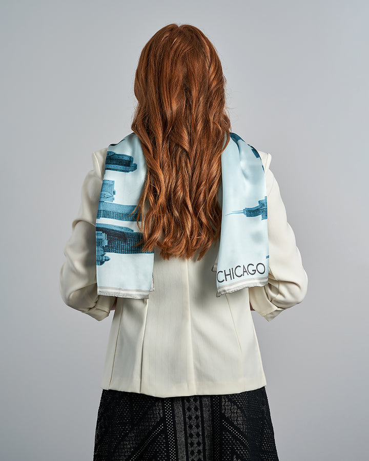 Chicago Skyline Mulberry Silk Charmeuse Scarf – Rectangle – Blue and White