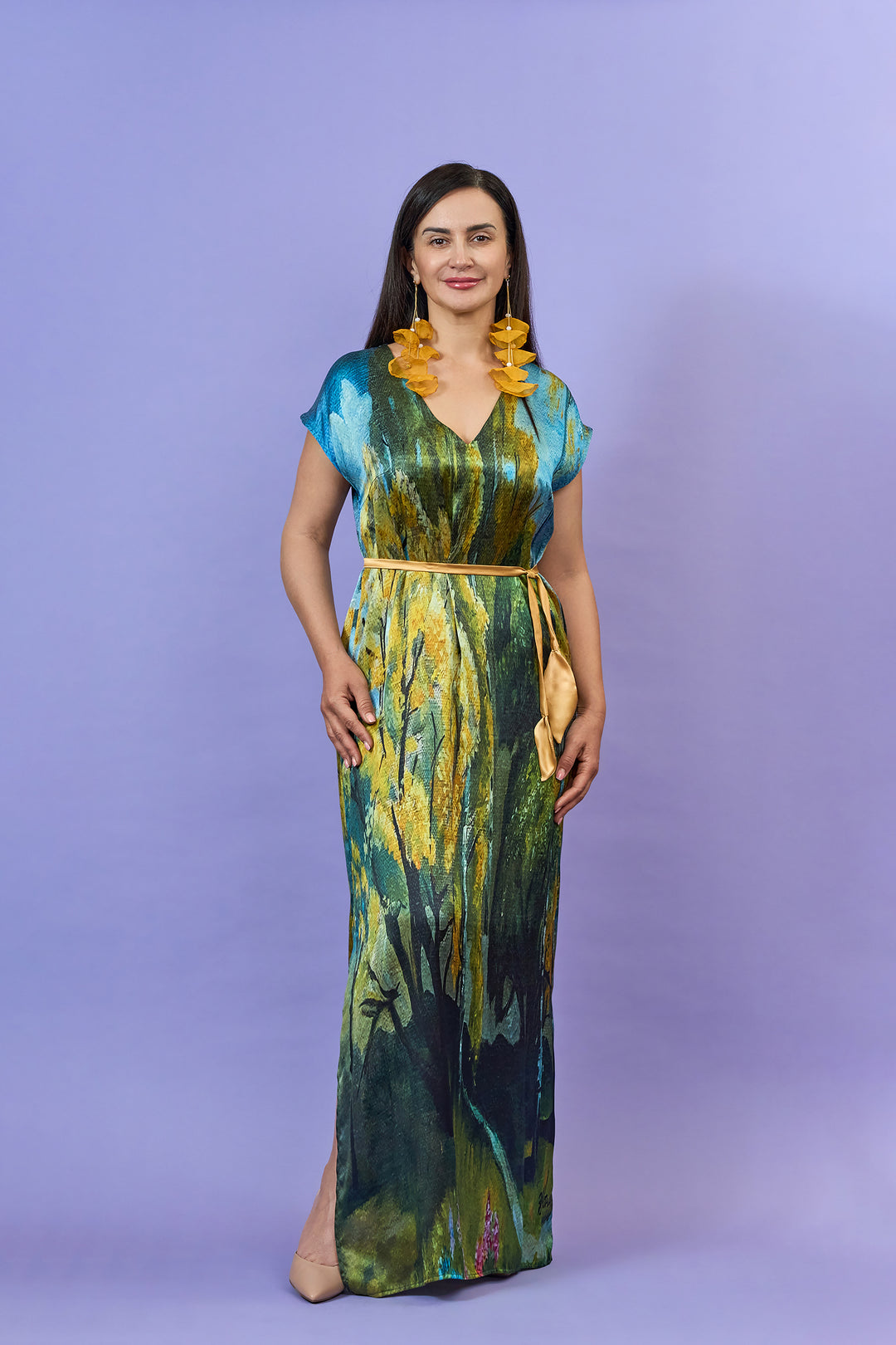 Gold Meadow Silk Maxi Caftan Dress – Multicolor