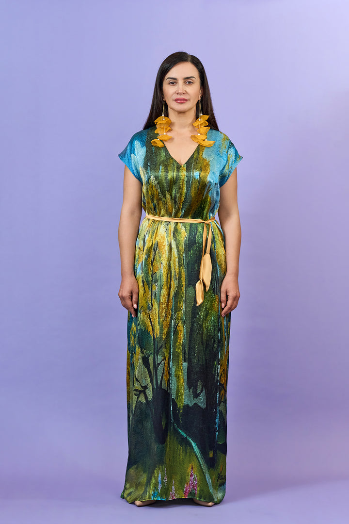 Gold Meadow Silk Maxi Caftan Dress – Multicolor