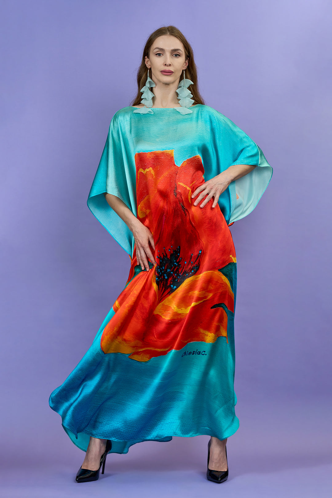Red Poppy Silk Maxi Caftan – Mulberry Silk – Boat or V-Neck
