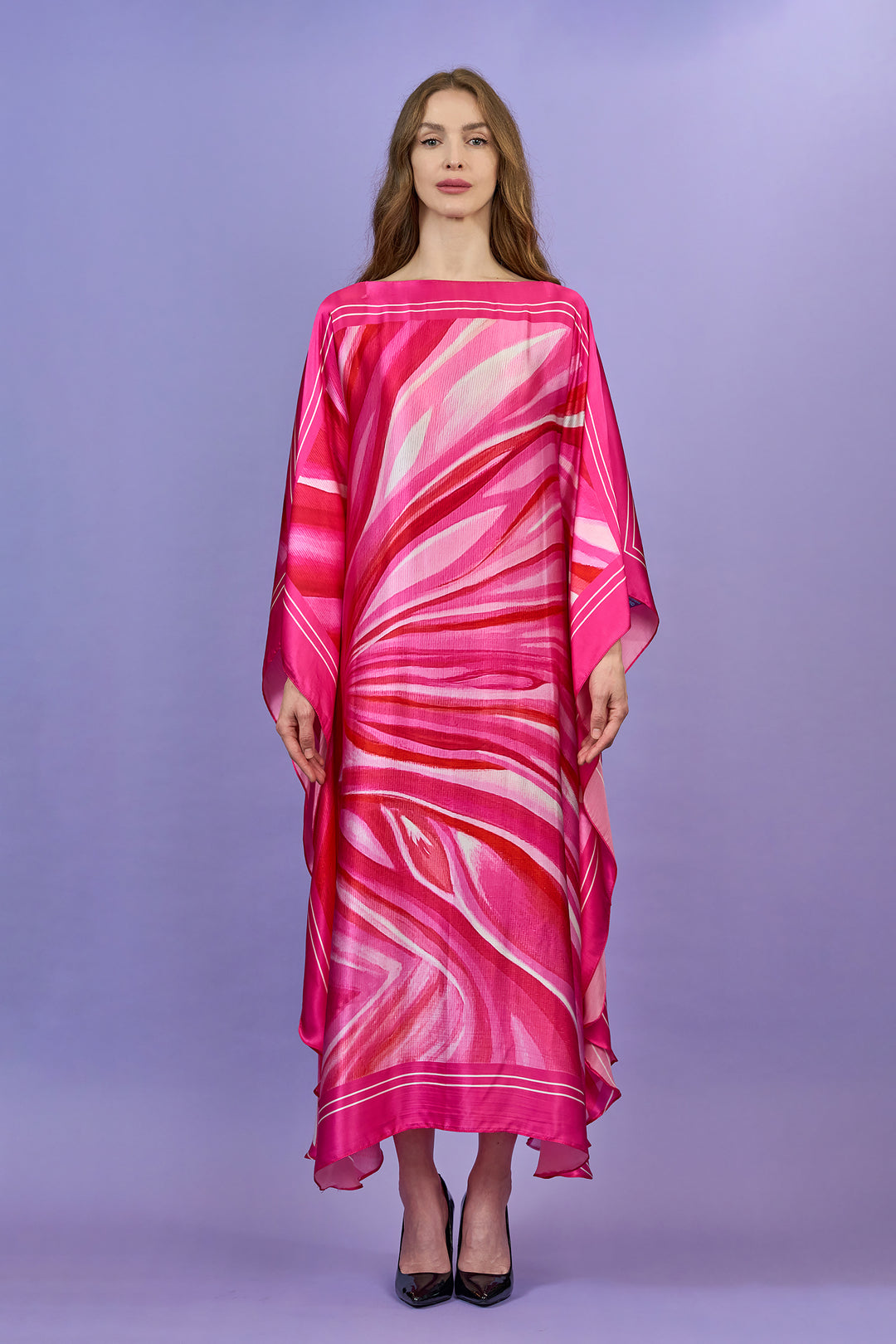 Pink Love Silk Maxi Caftan – Mulberry Silk – Boat or V-Neckline